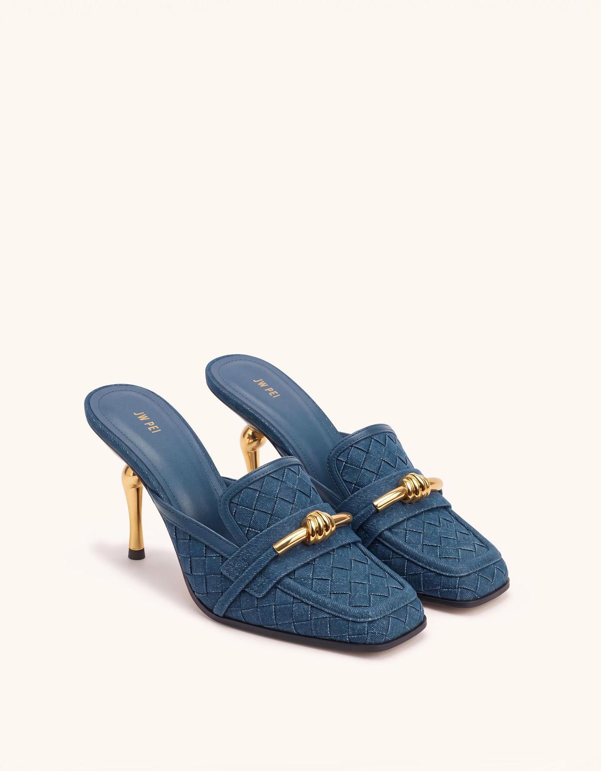 Lena Metal Rope Knot Woven Square Toe Mules - Denim Blue | JW PEI