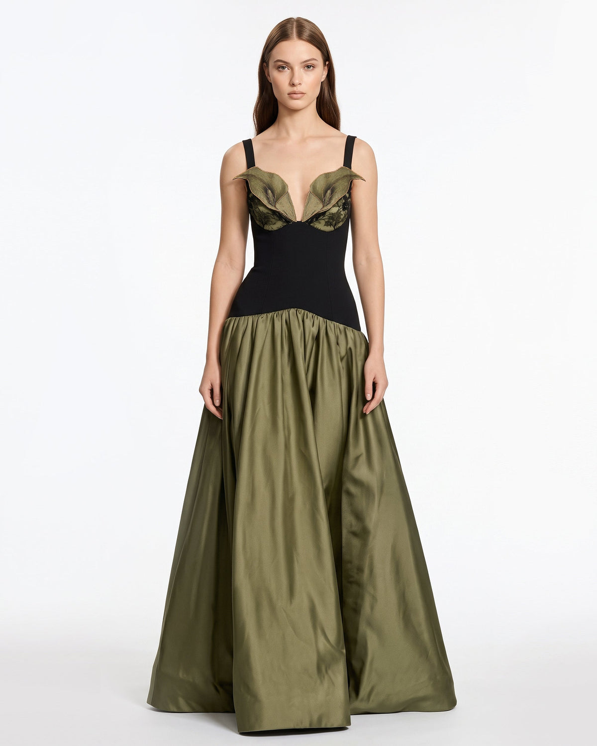 3D Floral Drop-Waist A-Line Maxi Dress - Olive Green & Black | JW PEI