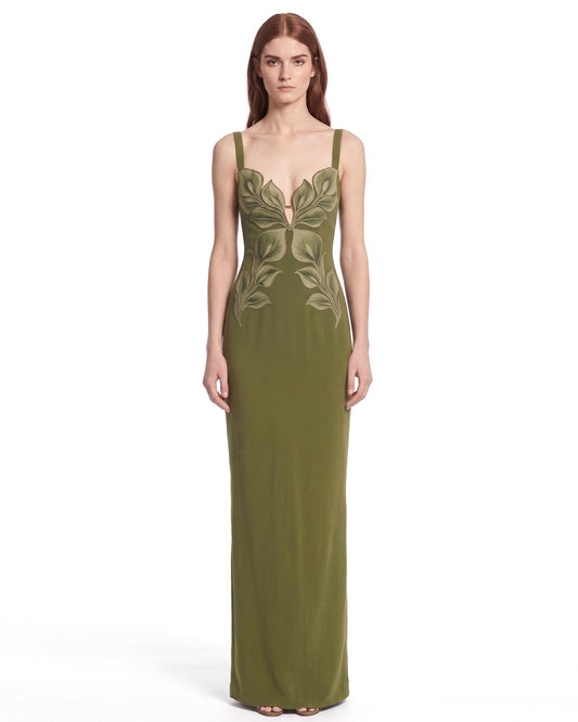 3D Leaf Strappy Column Maxi Dress - Olive Green | JW PEI