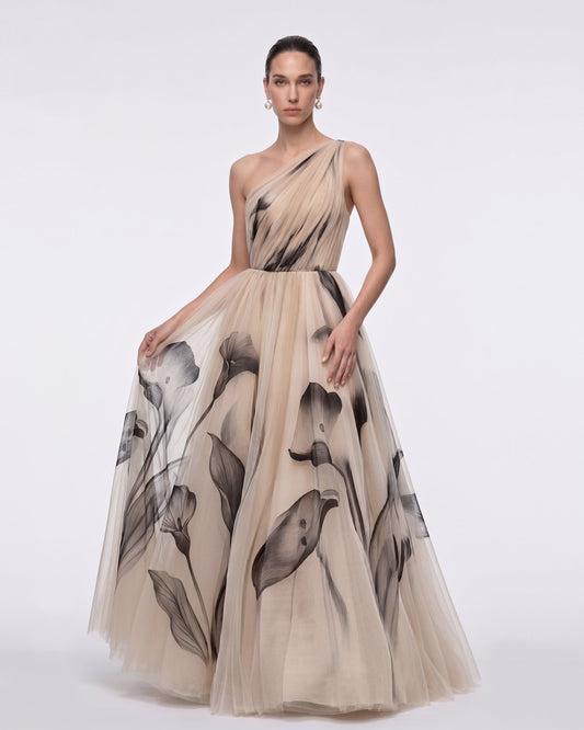 Calla Lily One-Shoulder Tulle Ball Gown - Beige | JW PEI