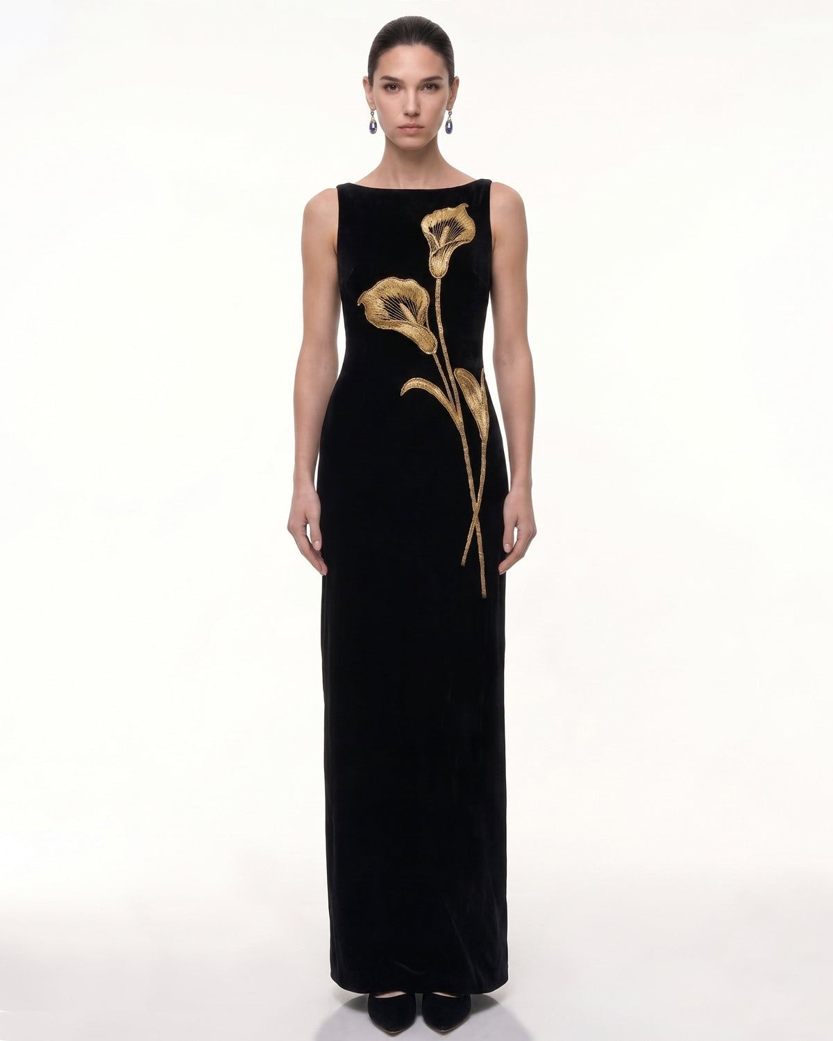 Calla Lily Embellished Velvet Column Maxi Dress - Black | JW PEI