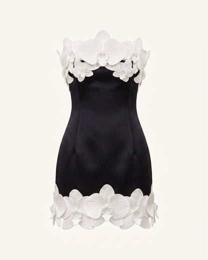 Orchid Trim Strapless Mini Dress - Black & Ivory | JW PEI