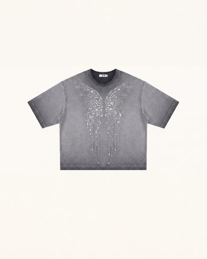 The Angelic Dripping Crystal Wings Tee - Washed Grey | JW PEI