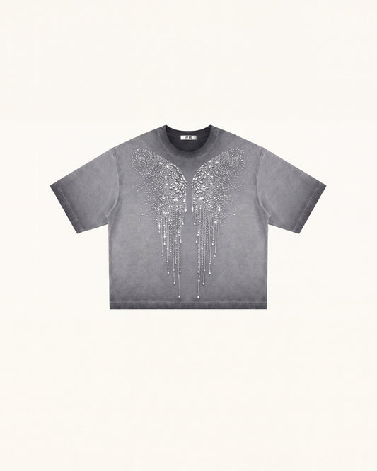 The Angelic Dripping Crystal Wings Tee - Washed Grey | JW PEI