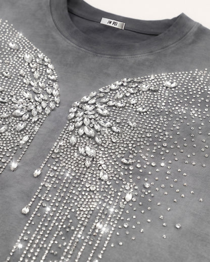 The Angelic Dripping Crystal Wings Tee - Washed Grey | JW PEI