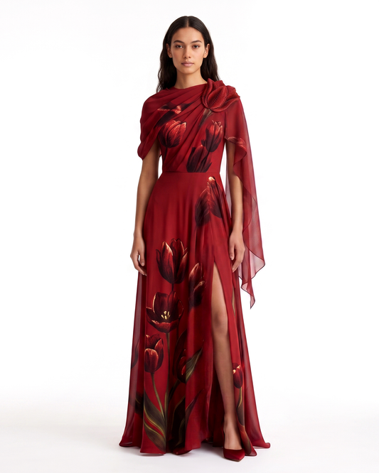 Tulip Floral Draped Cape Slit Maxi Dress - Burgundy | JW PEI