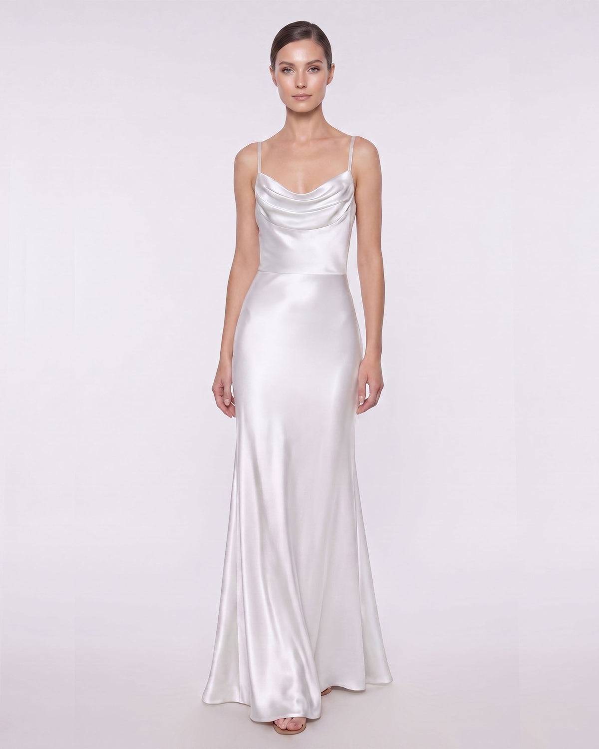 Satin Cowl Neck Spaghetti Strap Maxi Dress - White | JW PEI