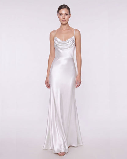 Satin Cowl Neck Spaghetti Strap Maxi Dress - White | JW PEI