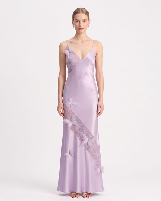 Butterfly Lace Panel Satin Slip Maxi Dress - Lavender | JW PEI