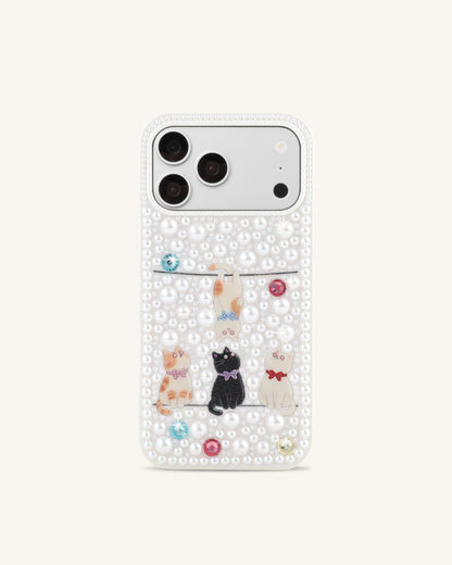 Pearl-Embellished Playful Cats Phone Case - White | JW PEI