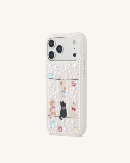 Pearl-Embellished Playful Cats Phone Case - White | JW PEI