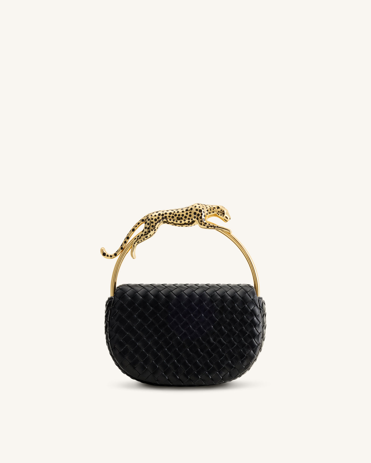 Ione Leopard Shaped Hardware Handle Woven Top Handle Bag - Black | JW PEI