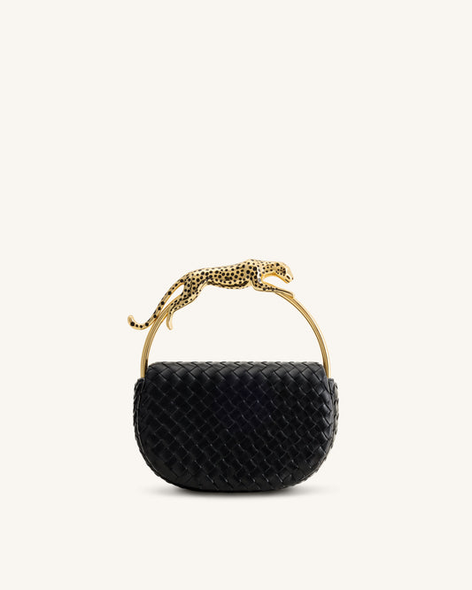 Ione Leopard Shaped Hardware Handle Woven Top Handle Bag - Black | JW PEI
