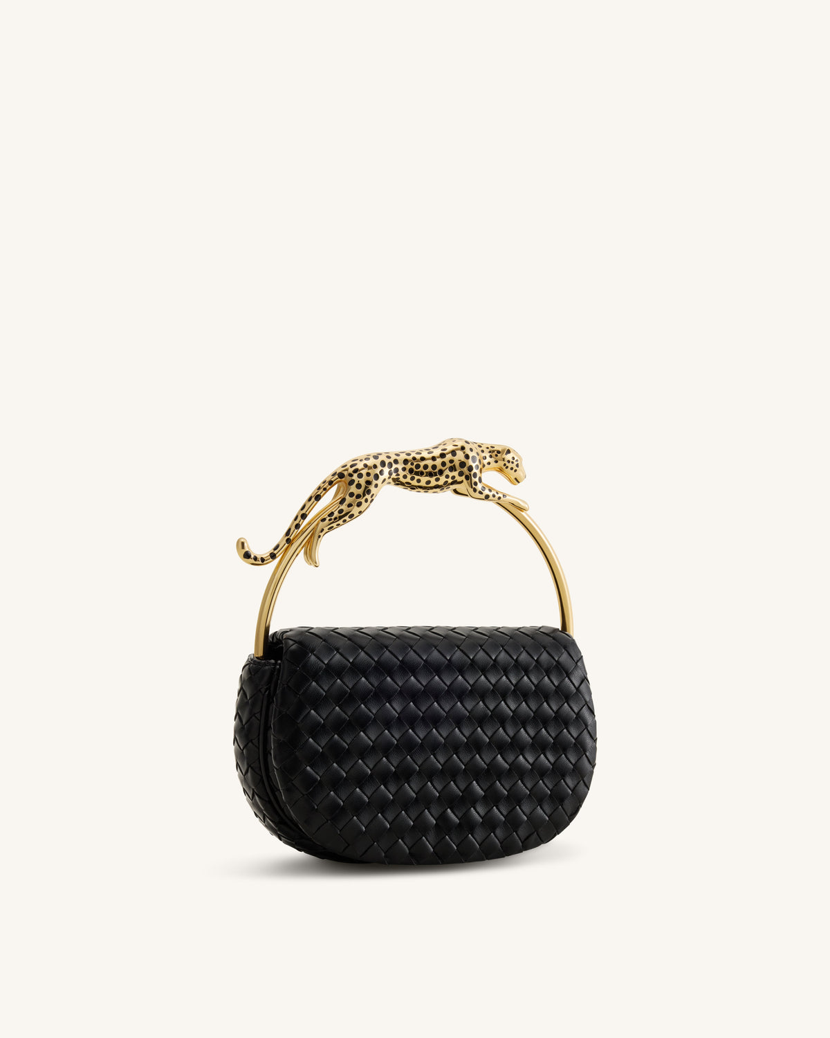 Ione Leopard Shaped Hardware Handle Woven Top Handle Bag - Black | JW PEI