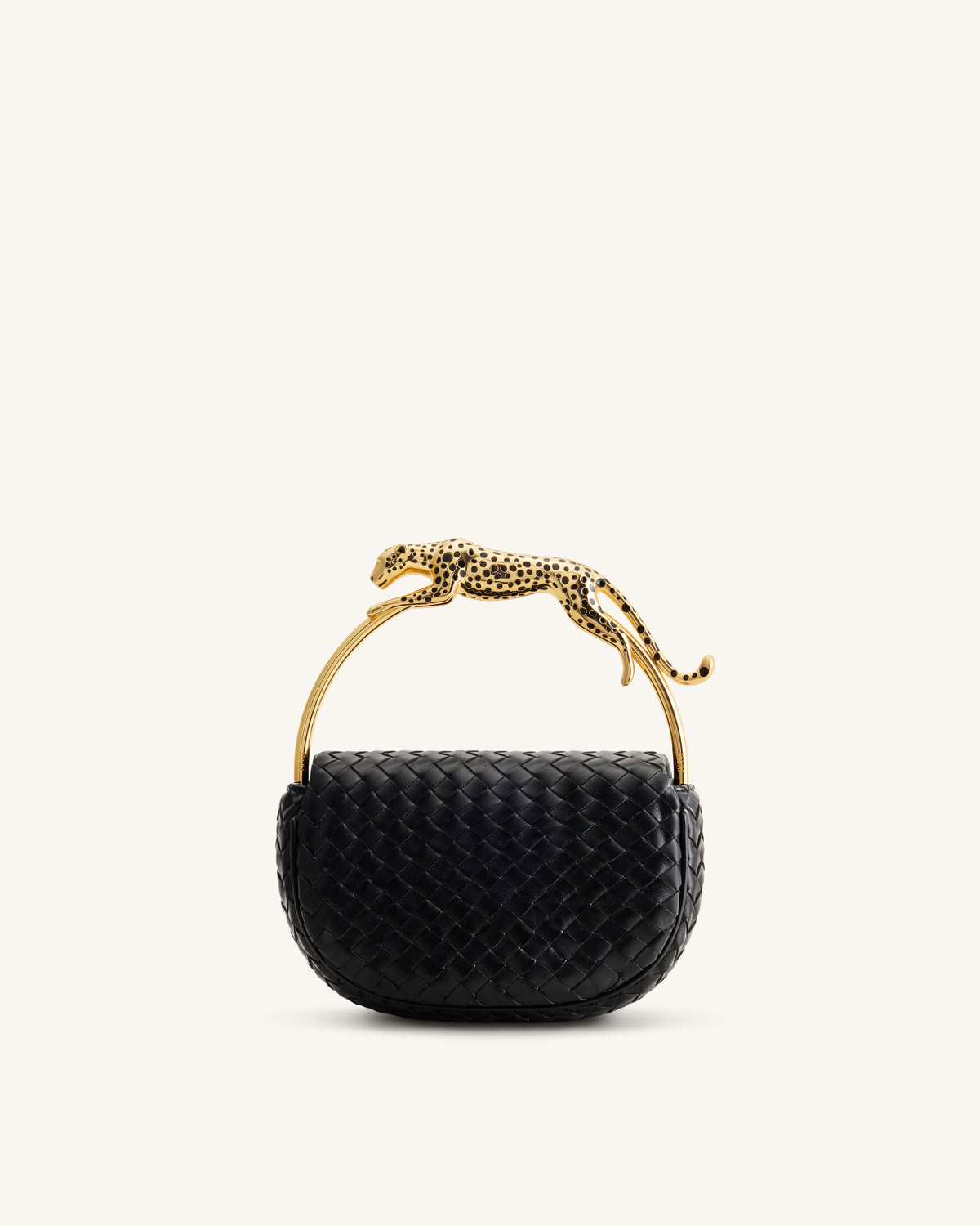 Ione Leopard Shaped Hardware Handle Woven Top Handle Bag - Black | JW PEI