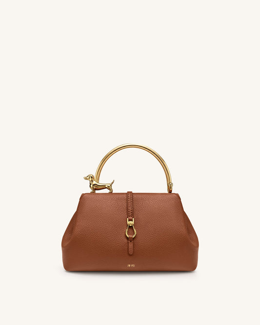 Bruna Dachshund Metal Handle Top Handle Bag - Brown | JW PEI