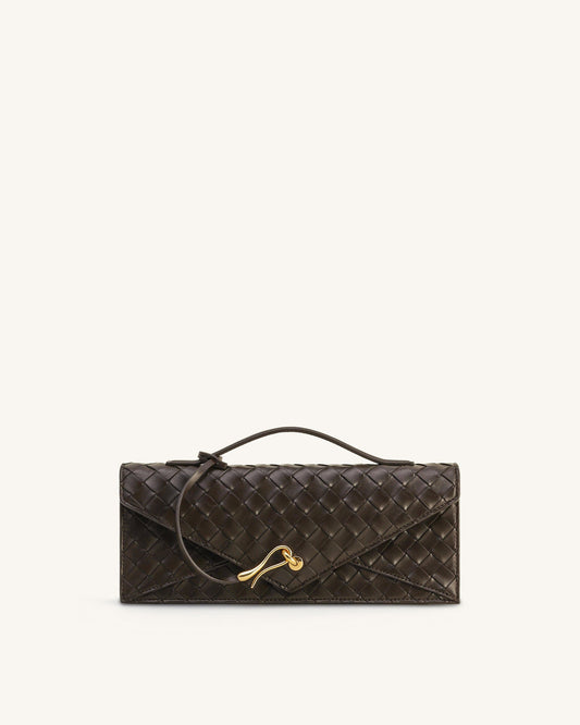 Celeste Woven Textured Envelope Top Handle Bag - Dark Brown | JW PEI