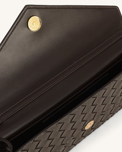 Celeste Woven Textured Envelope Top Handle Bag - Dark Brown | JW PEI
