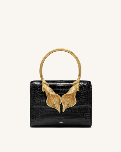 Astrid Calla Lily Metal Handle Top Handle Bag - Black Croc | JW PEI