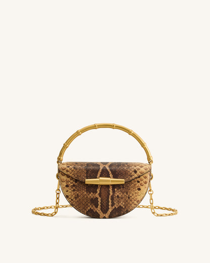 Sylvie Snake Print Half-Moon Top Handle Bag - Yellowish Brown | JW PEI