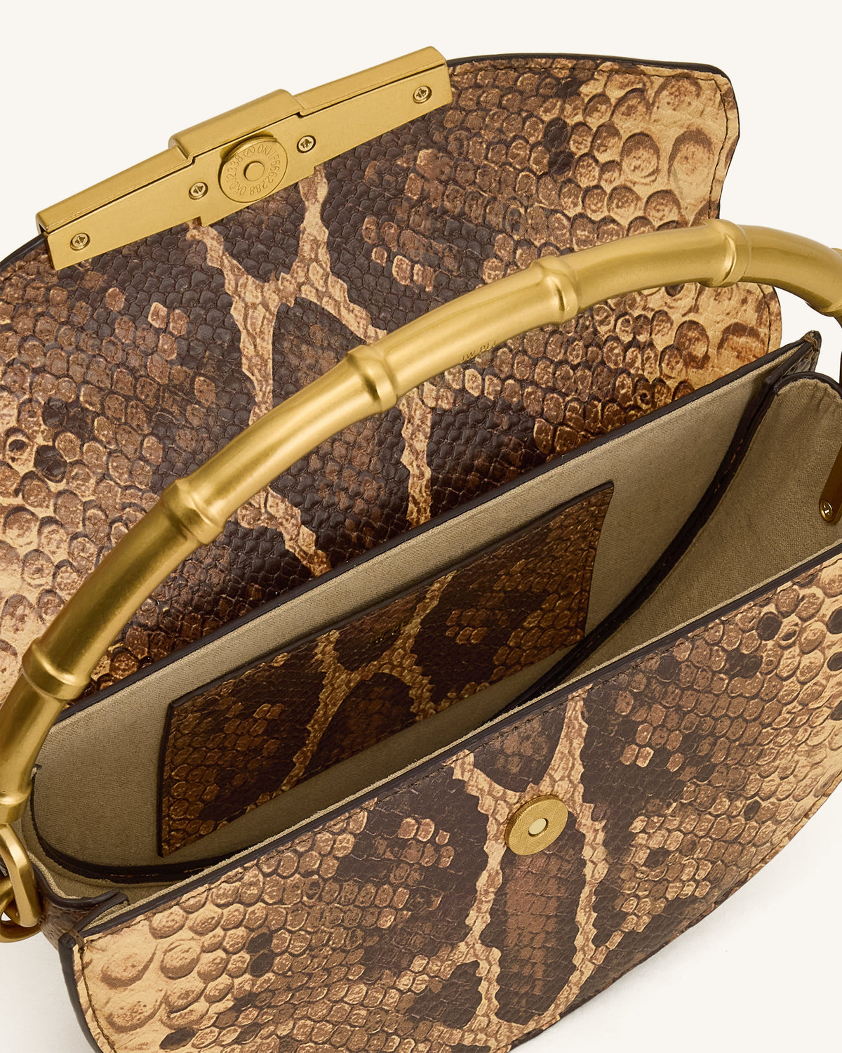 Sylvie Snake Print Half-Moon Top Handle Bag - Yellowish Brown | JW PEI
