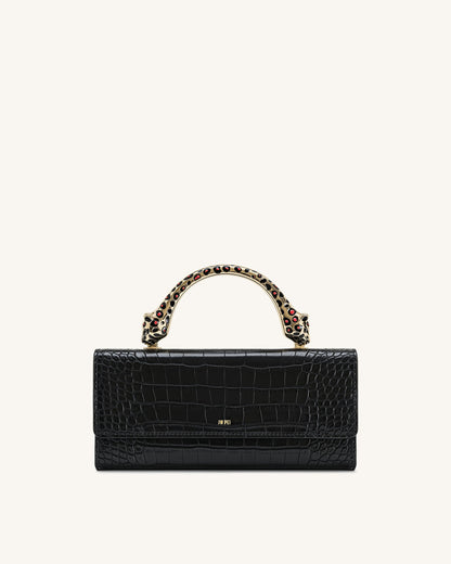 Maya Leopard-Shaped Hardware Handle Top Handle Bag - Black Croc | JW PEI