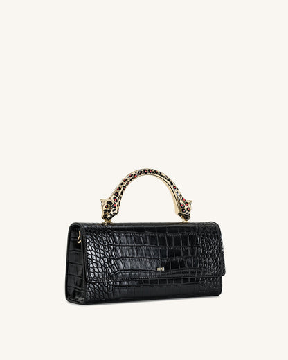 Maya Leopard-Shaped Hardware Handle Top Handle Bag - Black Croc | JW PEI