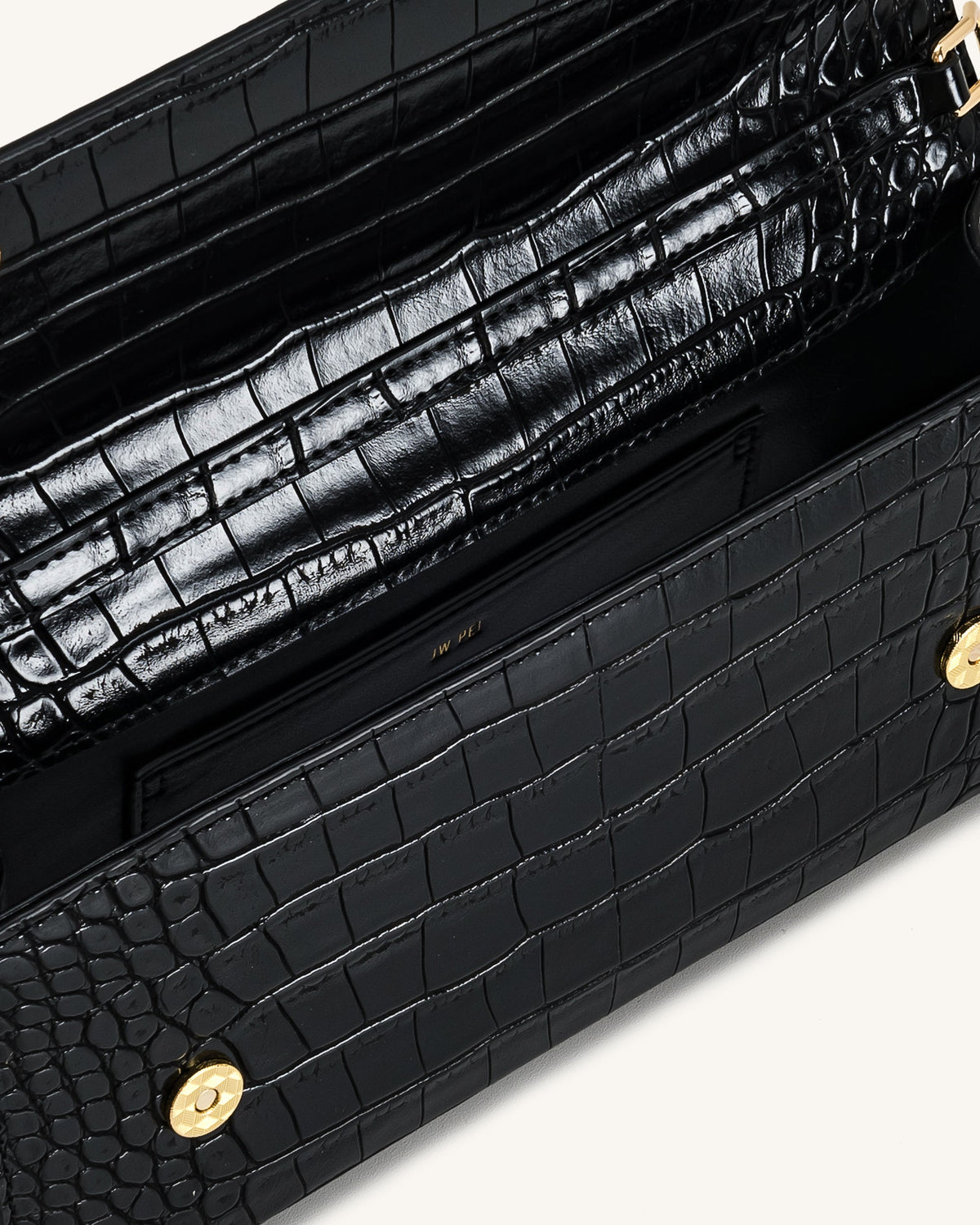 Maya Leopard-Shaped Hardware Handle Top Handle Bag - Black Croc | JW PEI