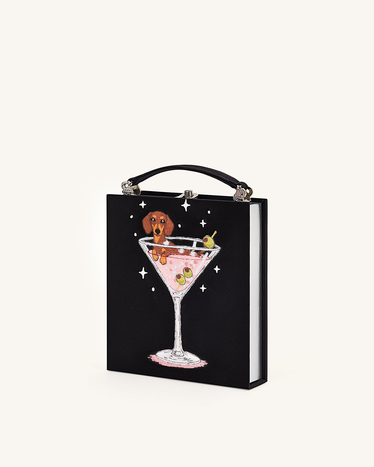 Taya Wine Glass Puppy Pattern Book Shape Clutch Bag - Black | JW PEI