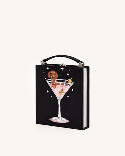 Taya Wine Glass Puppy Pattern Book Shape Clutch Bag - Black | JW PEI