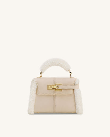Elise Faux Suede Shearling Trim Top Handle Bag - Taupe | JW PEI