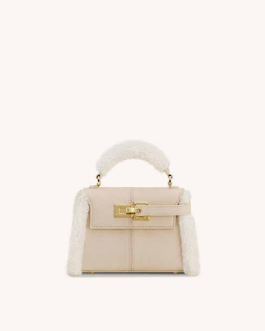 Elise Faux Suede Shearling Trim Top Handle Bag - Taupe | JW PEI