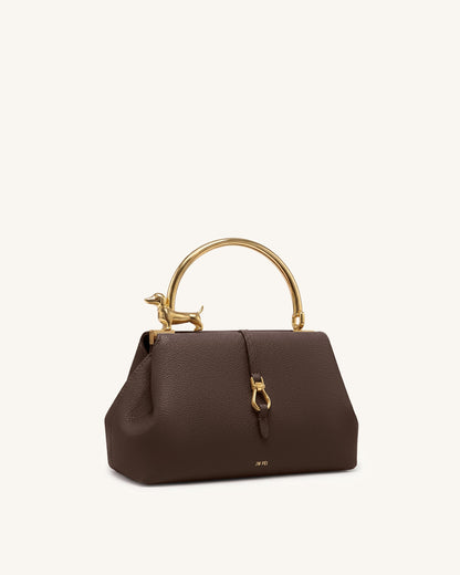 Bruna Dachshund Metal Handle Top Handle Bag - Dark Brown | JW PEI