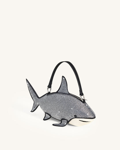 Nerys Artificial Crystal Shark Top Handle Bag - Black | JW PEI