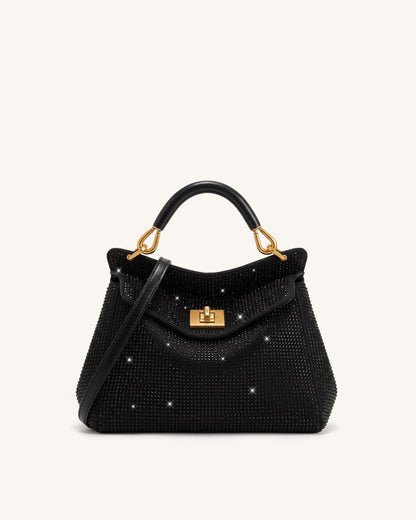 Lucia Classic Artificial Crystal Top Handle Bag - Black | JW PEI