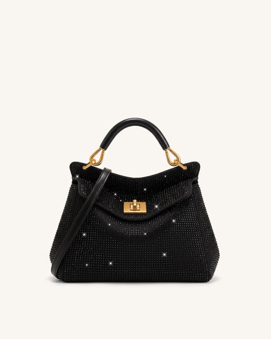 Lucia Classic Artificial Crystal Top Handle Bag - Black | JW PEI