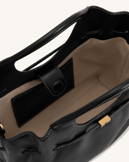 Virelle Waxed Vegan Leather Drawstring Tote Bag - Black | JW PEI