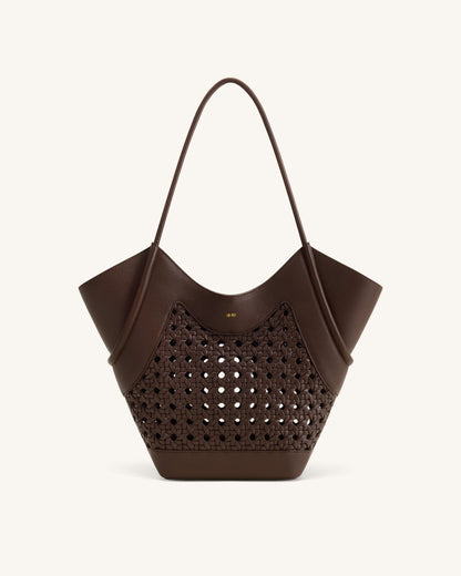 Maribel Woven Panel Tote Bag - Dark Brown | JW PEI