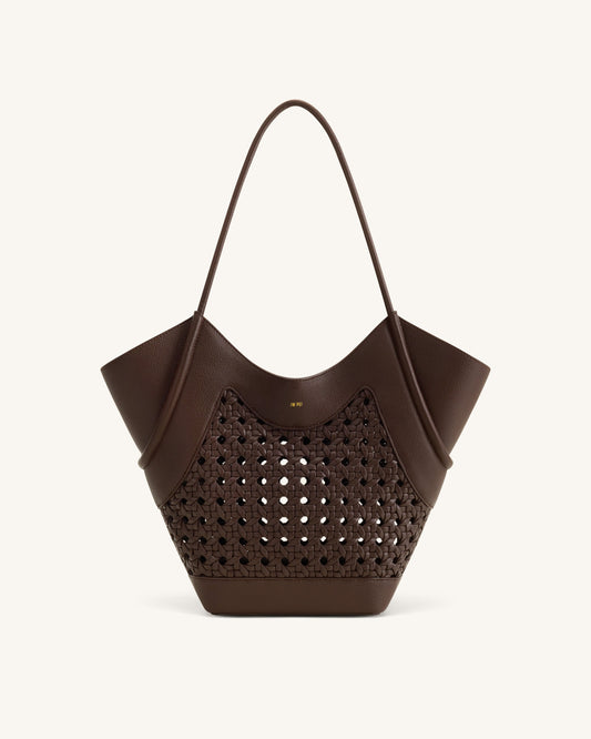 Maribel Woven Panel Tote Bag - Dark Brown | JW PEI