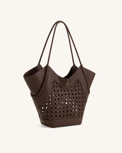 Maribel Woven Panel Tote Bag - Dark Brown | JW PEI