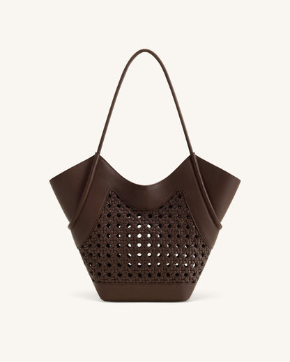 Maribel Woven Panel Tote Bag - Dark Brown | JW PEI