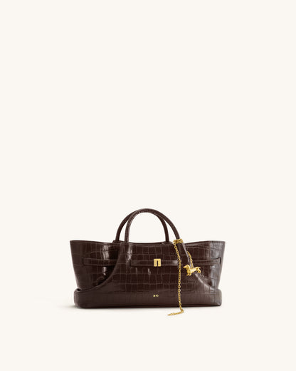 Maeve Dachshund Metal Charm Tote Bag - Dark Brown Croc | JW PEI