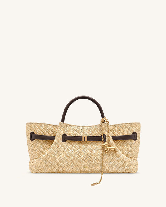 Maeve Faux Straw Dachshund Metal Charm Tote Bag - Brown | JW PEI