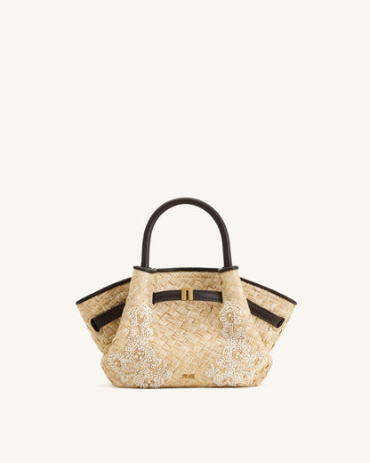 Hana Mini Faux Straw Beading Tote Bag - Brown | JW PEI
