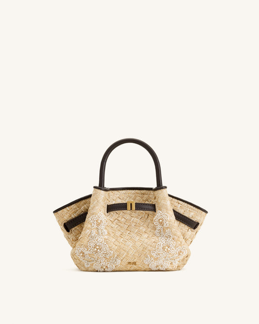 Hana Mini Faux Straw Beading Tote Bag - Brown | JW PEI