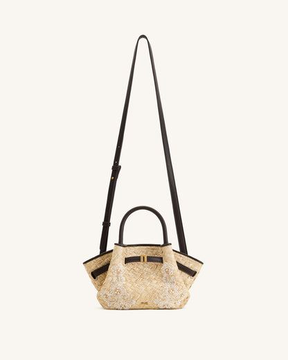Hana Mini Faux Straw Beading Tote Bag - Brown | JW PEI