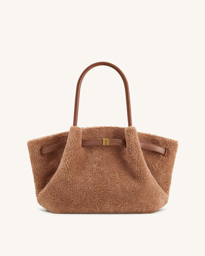 Hana Medium Faux Fur Tote Bag - Coffee Brown | JW PEI