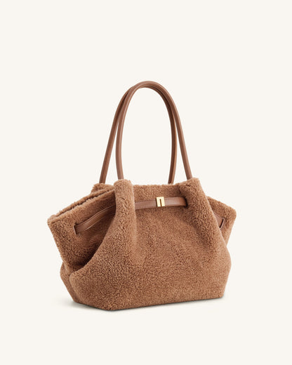 Hana Medium Faux Fur Tote Bag - Coffee Brown | JW PEI