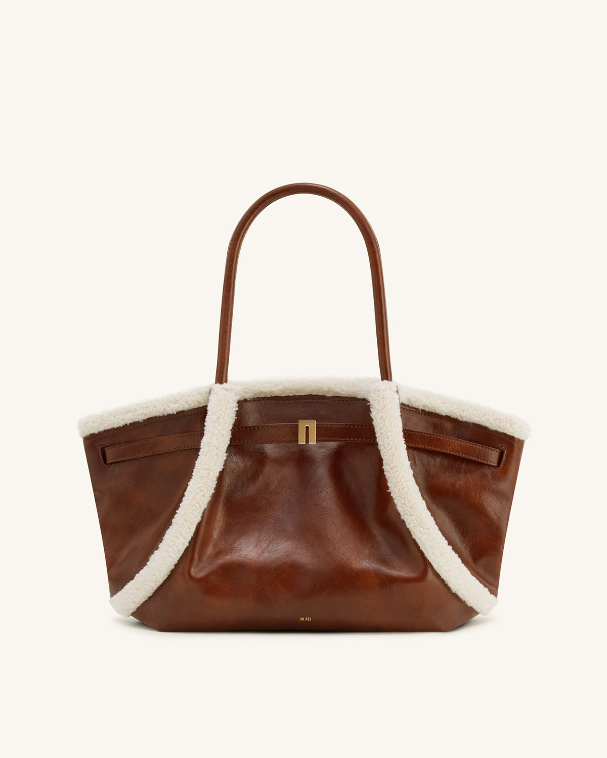Hana Medium Faux Shearling Trim Tote Bag - Brown | JW PEI