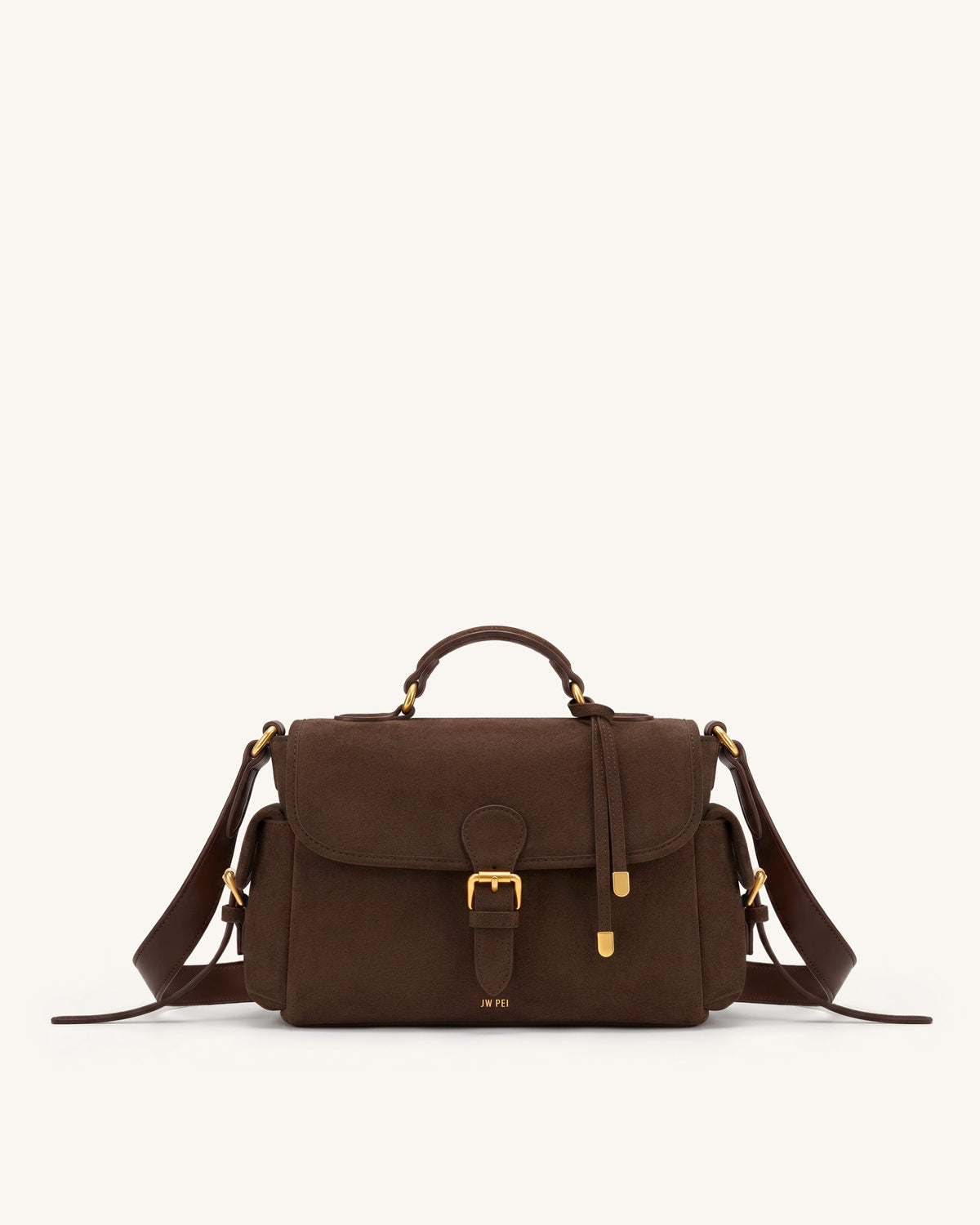 Marina Faux Suede Flap Multi-Pocket Top Handle Crossbody Bag - Dark Br | JW PEI